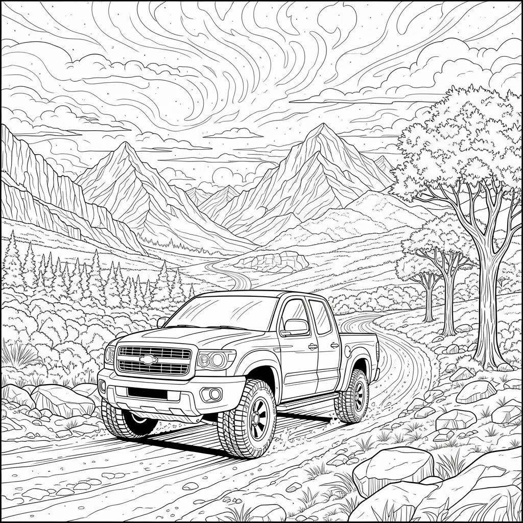 Realistic Pickup Truck on a Dirt Trail Coloring Page coloring page printable