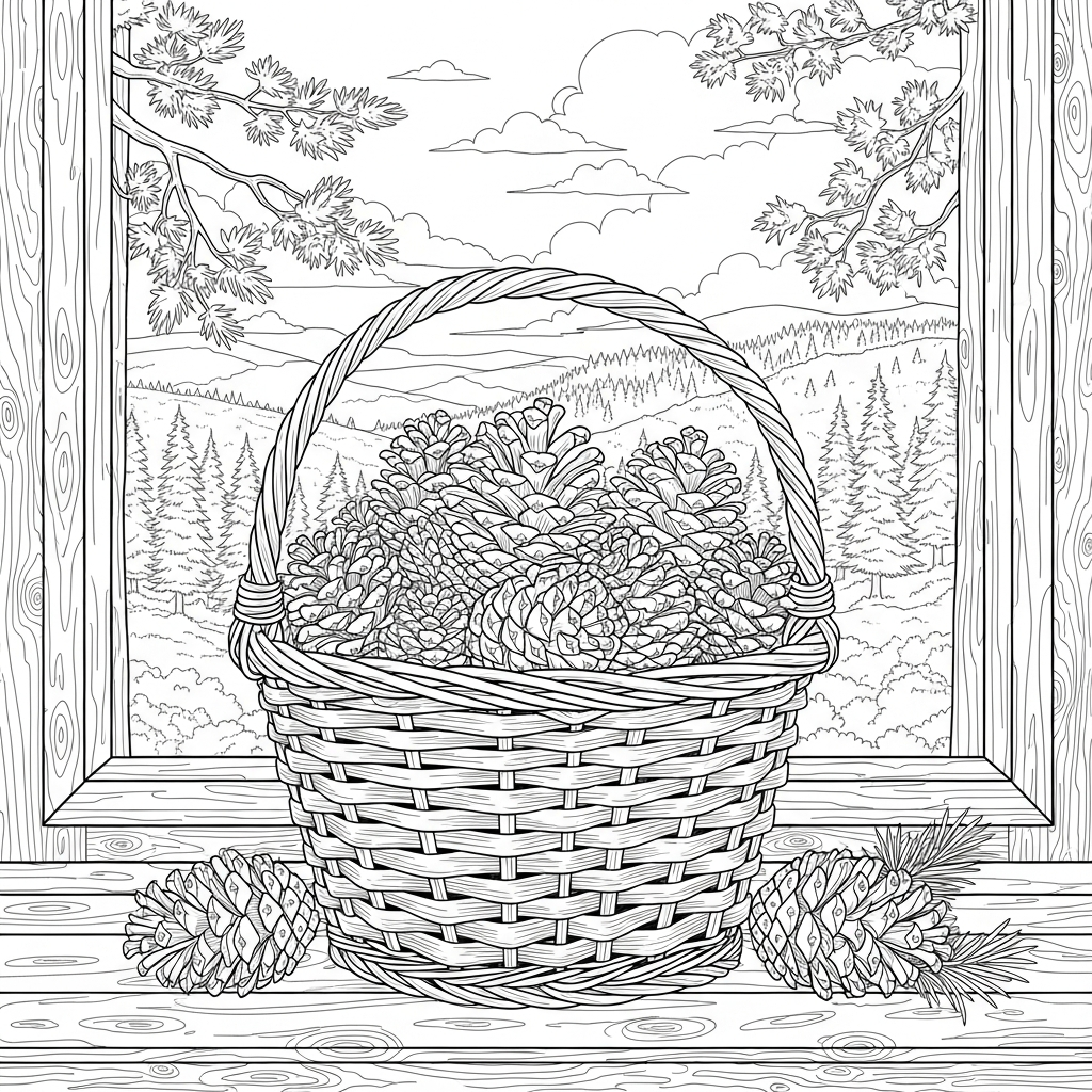Schwierigkeitsgrad: Realistisches Ausmalbild eines Kiefernzapfenkorbs - Jetzt herunterladen coloring page