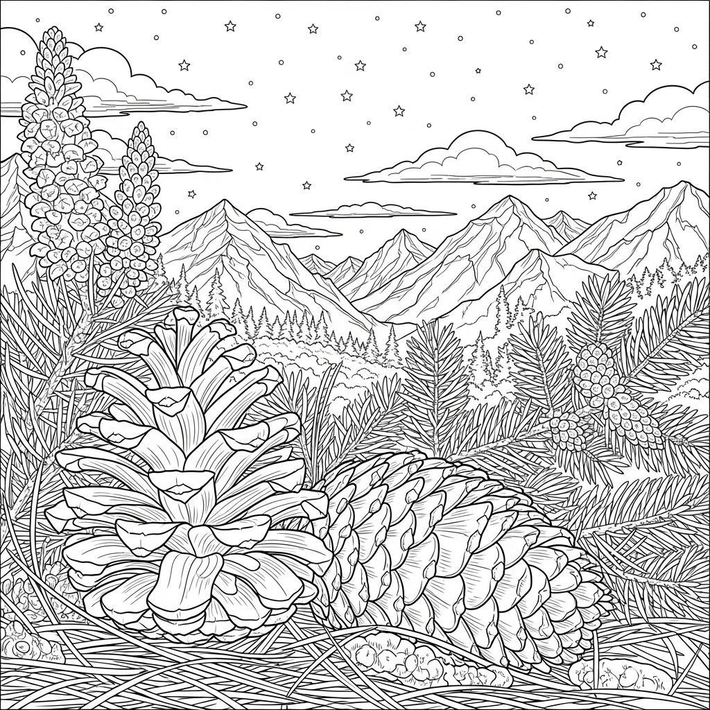 Realistische Tannenzapfen Malvorlage im Bergwald coloring page printable