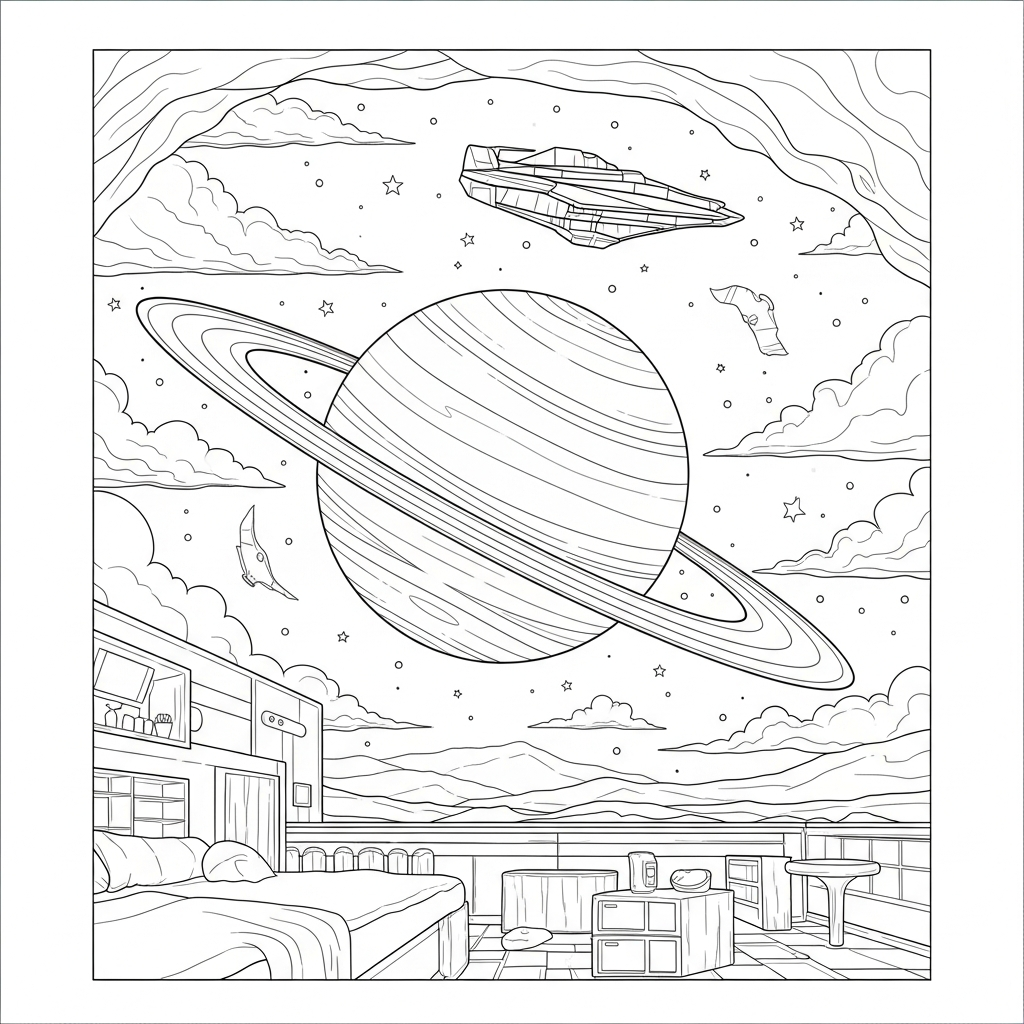 Schwerer Realistischer Planet Mit Ringen Hinter Raumschiff Ausmalbild coloring page printable