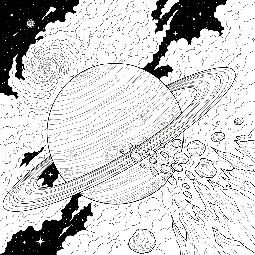 Realistic Planet with Rings in Dark Space Coloring Page coloring page