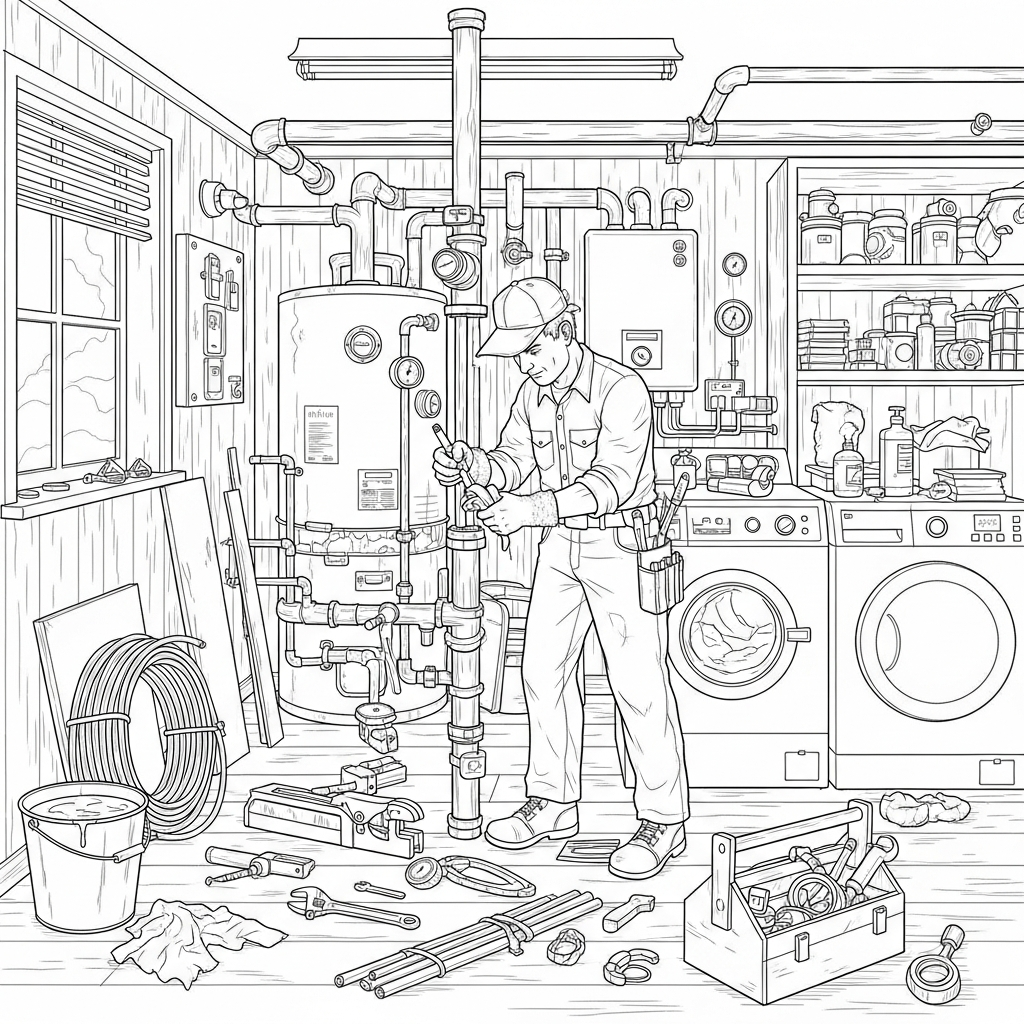 Página para Colorear: Plomero Realista en un Cuarto de Utilidades coloring page printable