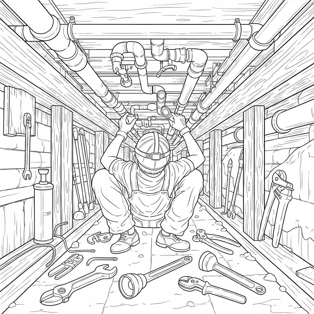 Challenging Realistic Plumber Coloring Page Under a House Crawl Space coloring page