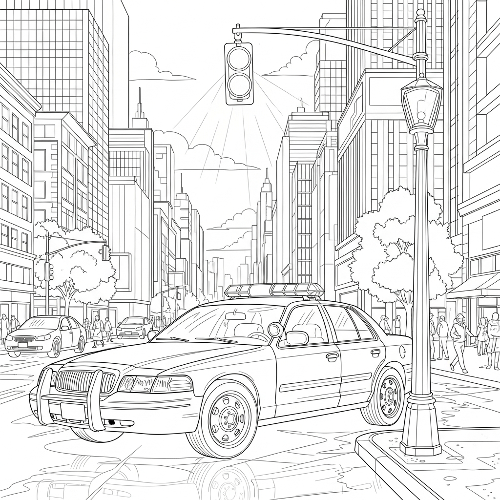 Challenging Realistic Police Car Coloring Page on City Street coloring page printable