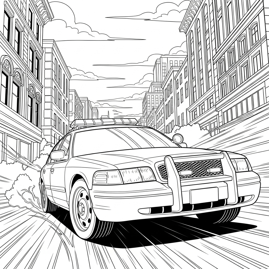 Detailed Police Car Coloring Page Responding to Emergency coloring page