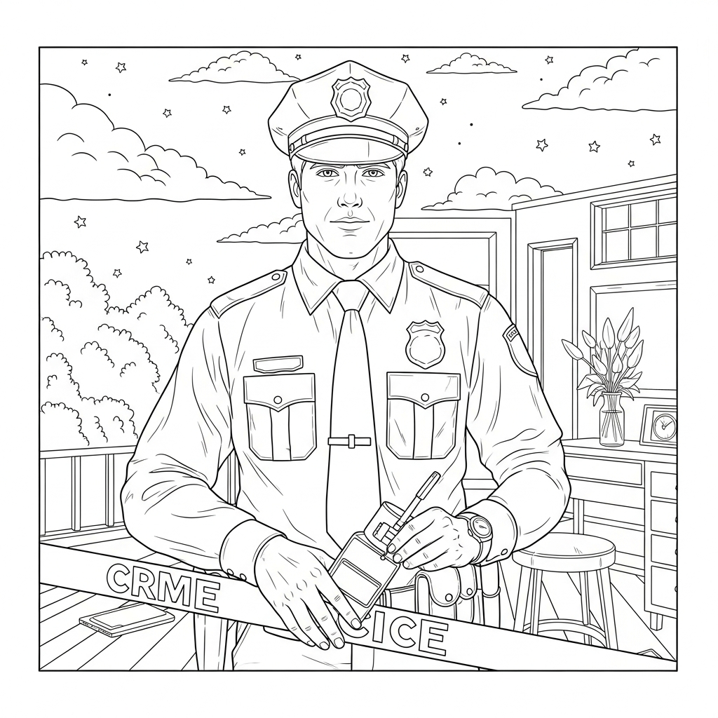 Dibujo para Colorear: Policía Realista en la Escena del Crimen coloring page printable