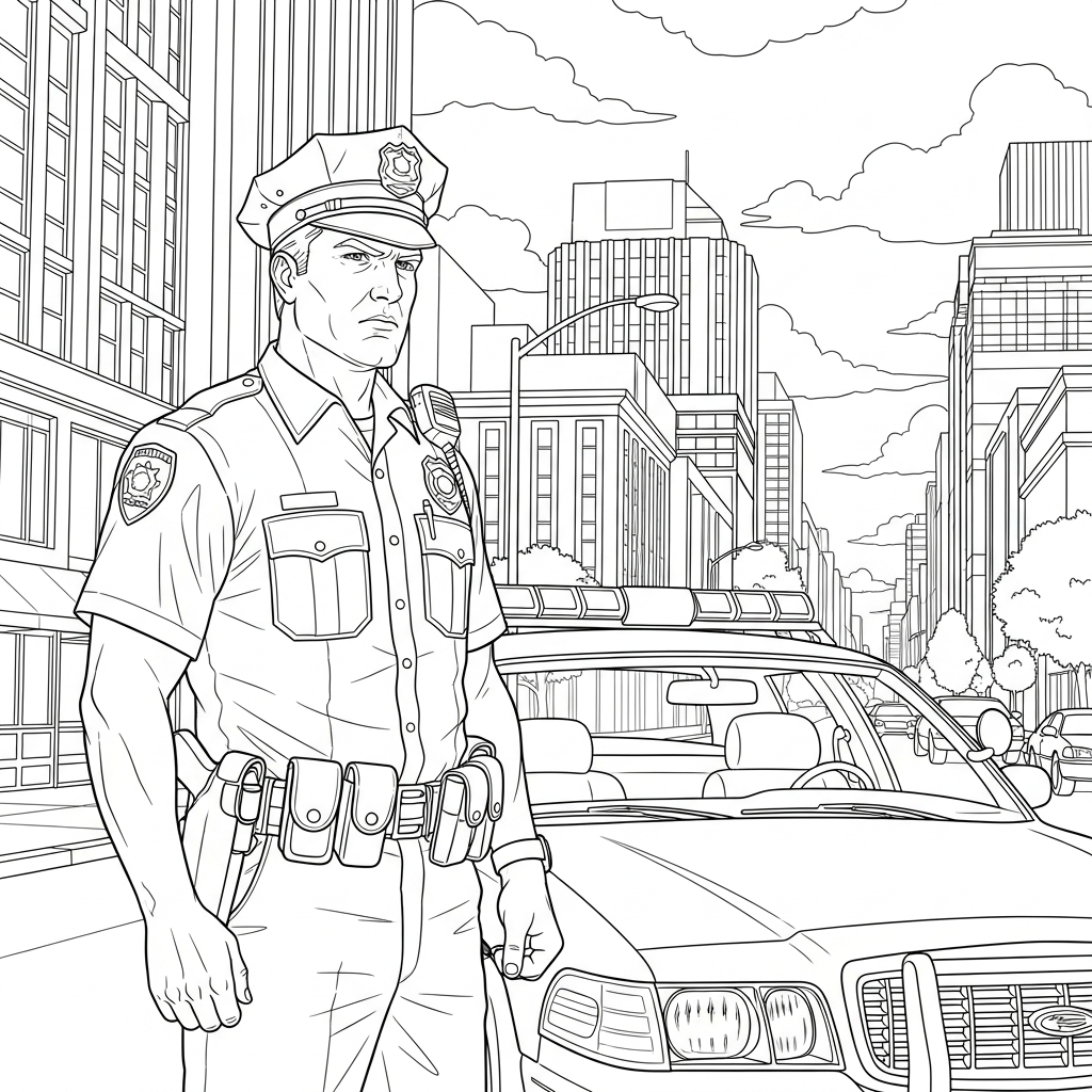 Page à Colorier : Policier Réaliste à Côté de sa Voiture de Patrouille coloring page
