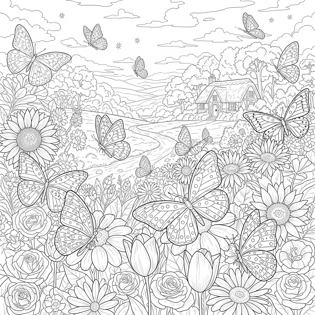 Challenging Realistic Polka Dot Butterfly Garden Coloring Page coloring page
