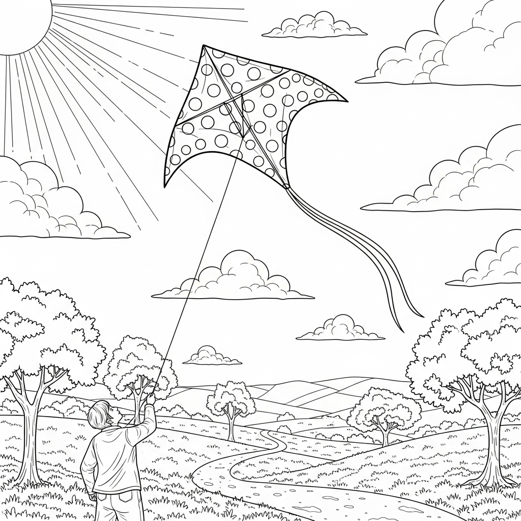 Dibujo para Colorear de un Cometa Realista con Lunares Volando en el Parque coloring page printable