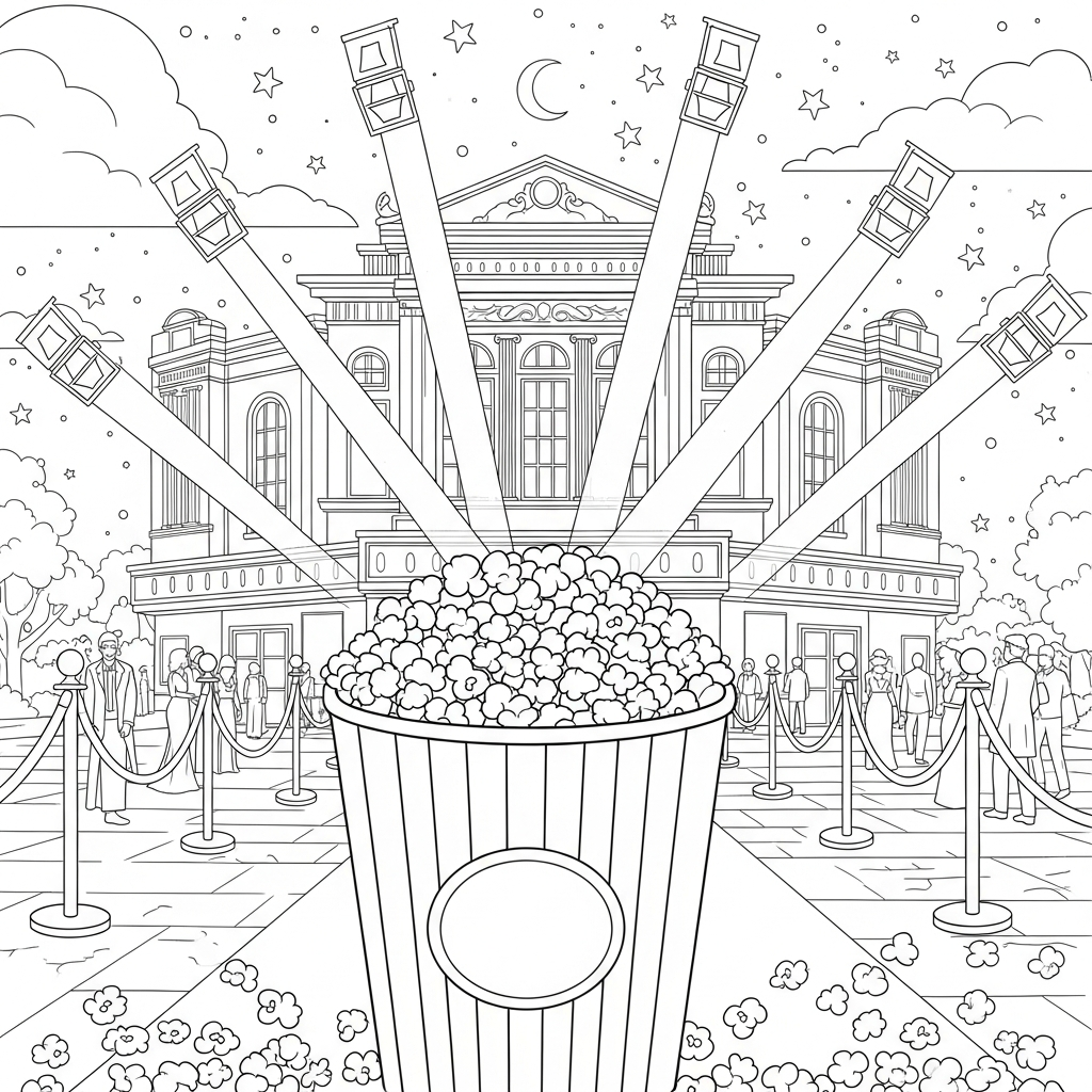 Realistisch Popcornemmertje op een Filmpremière Kleurplaat coloring page