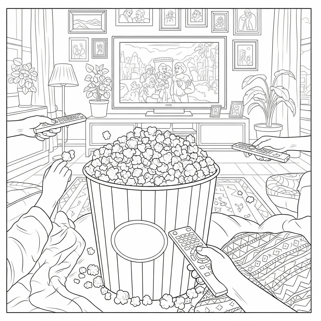 Realistic Popcorn Bucket Coloring Page for Family Movie Night coloring page