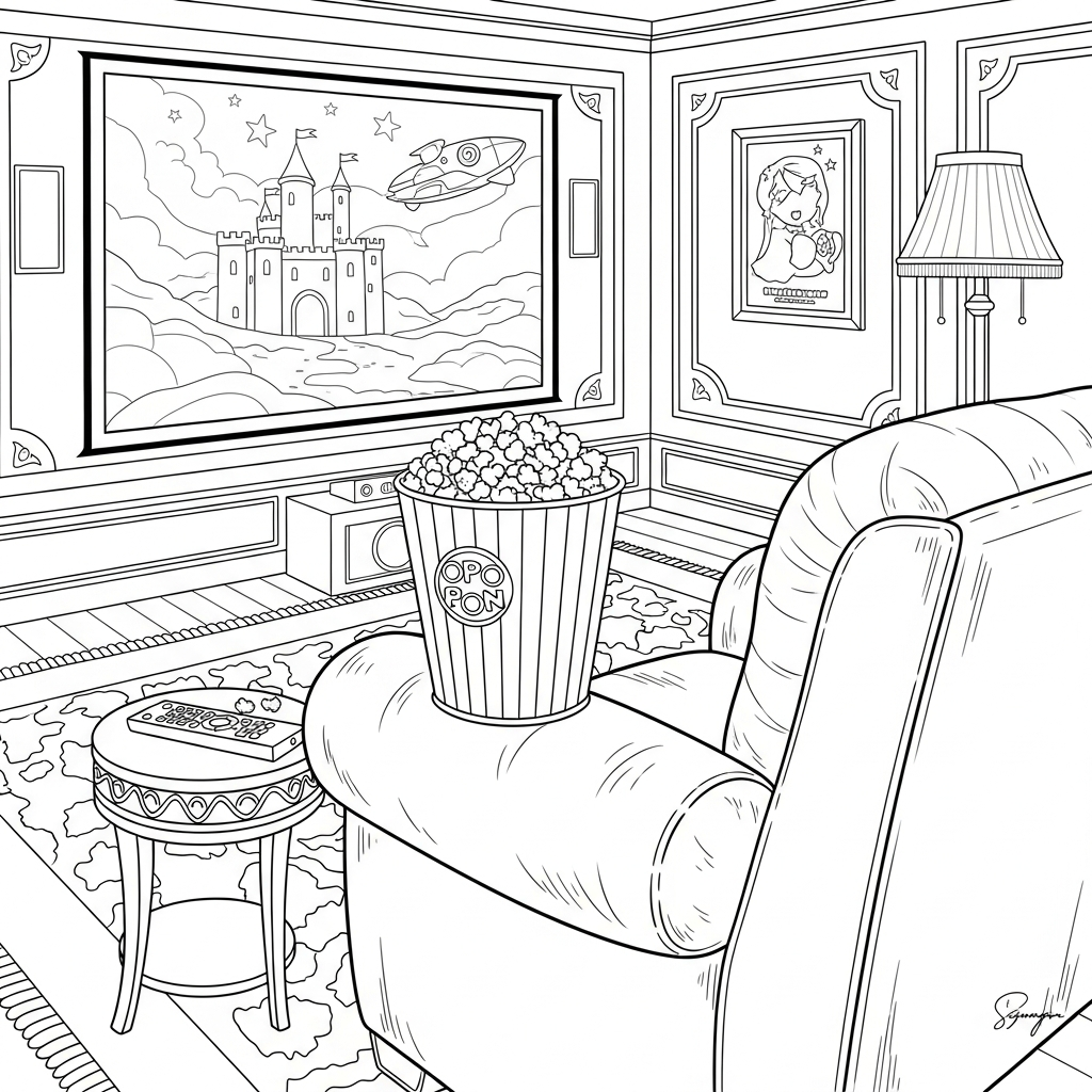 Realistic Popcorn Bucket in Home Theater Coloring Page coloring page
