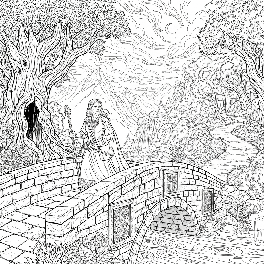 Página para Colorear Princesa Realista Cruzando un Puente de Piedra Dificultad Alta coloring page