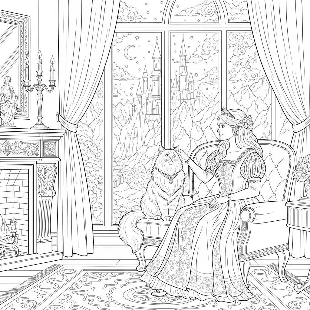 Challenging Realistic Princess with Royal Cat Coloring Page coloring page