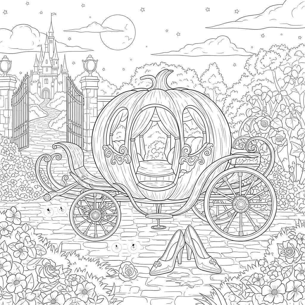 Dibujo para Colorear de una Carroza de Calabaza Realista Junto a Zapatos de Cristal coloring page
