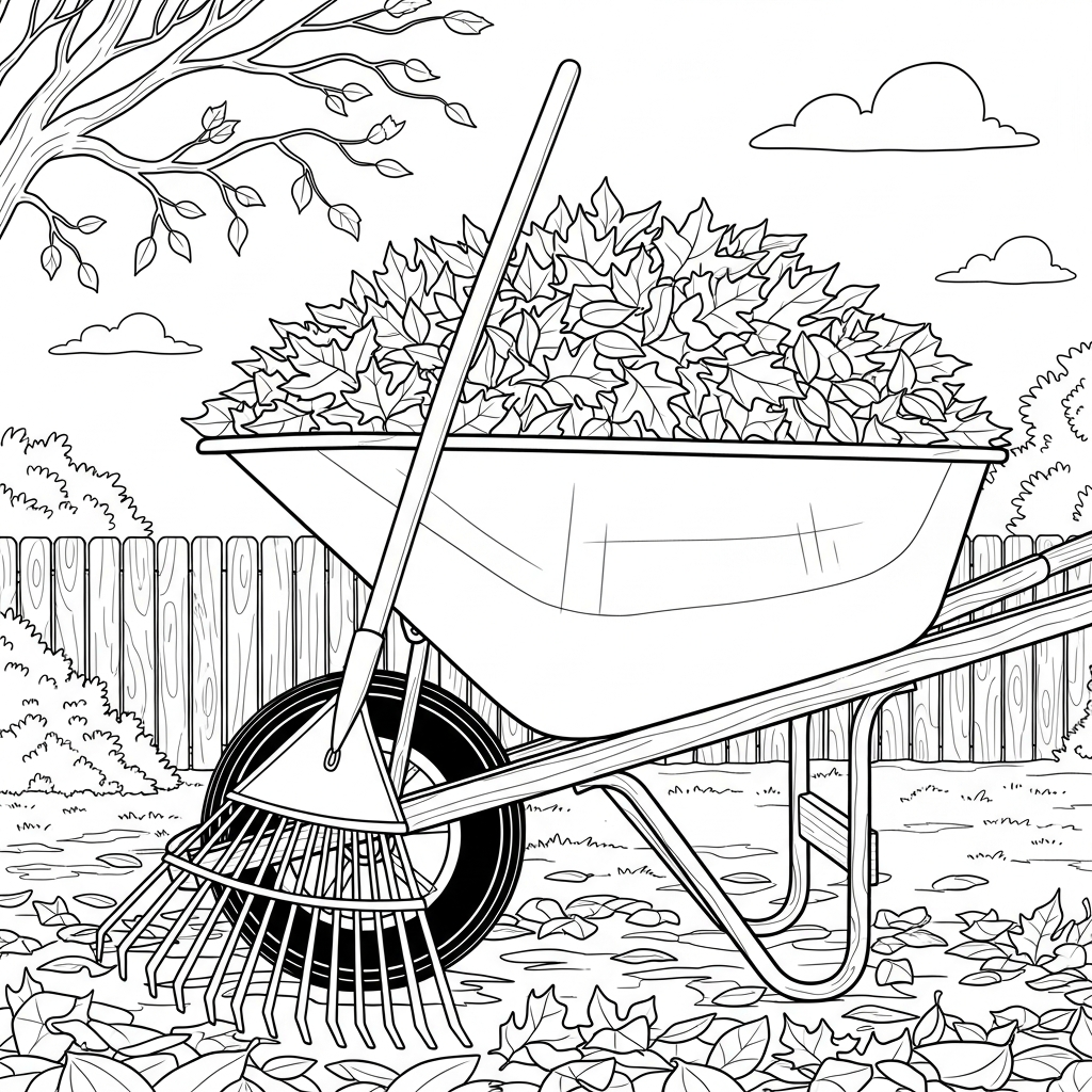 Page de coloriage d'un râteau et d'une brouette réalistes avec des feuilles coloring page