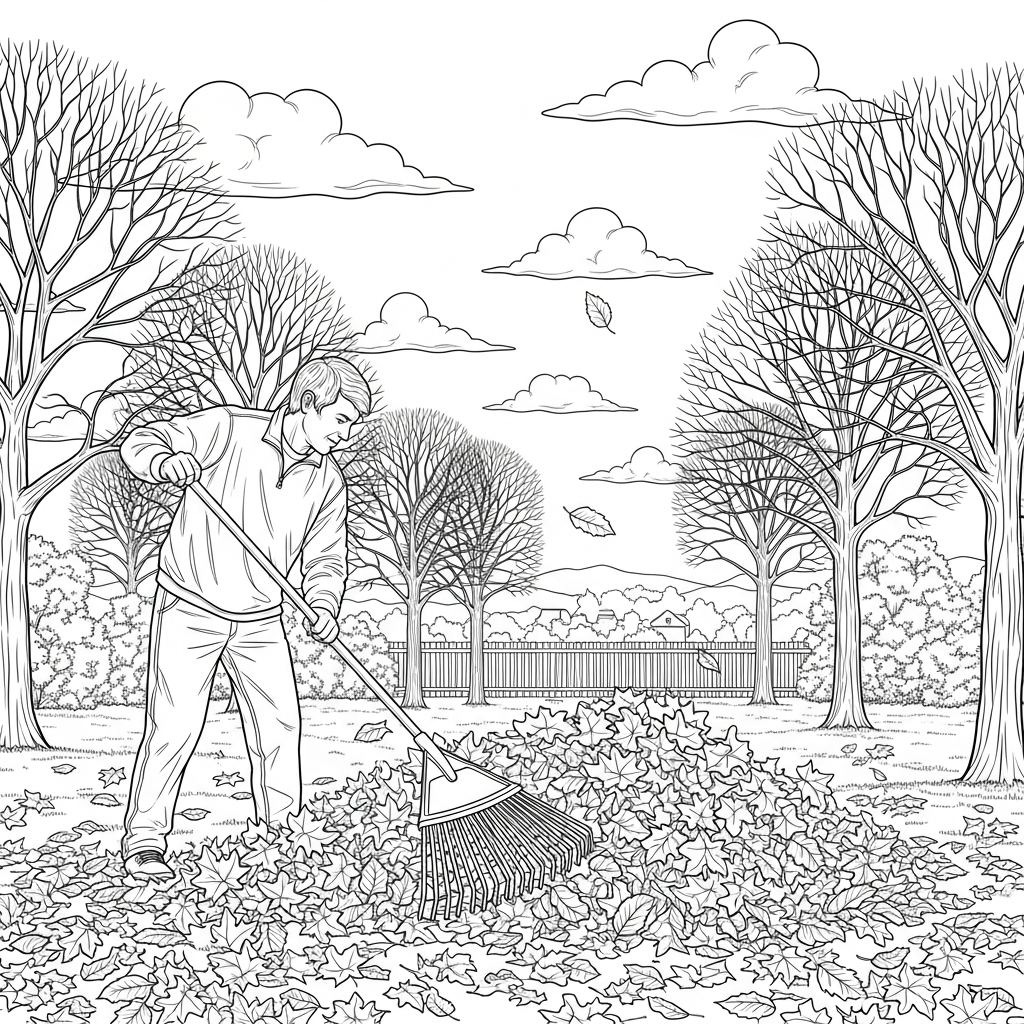Page de Coloriage : Râteau Réaliste Ramassant des Feuilles dans le Jardin coloring page