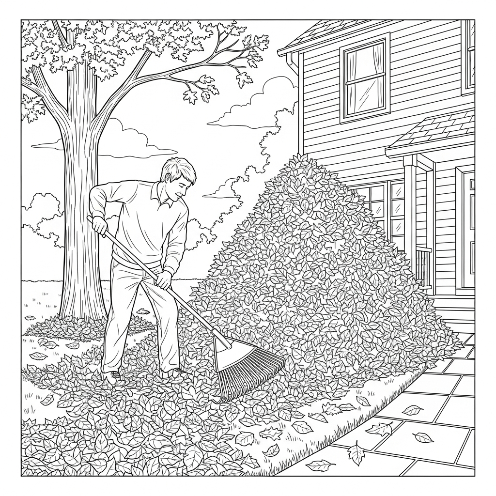 Detailed Raking Leaves Coloring Page coloring page