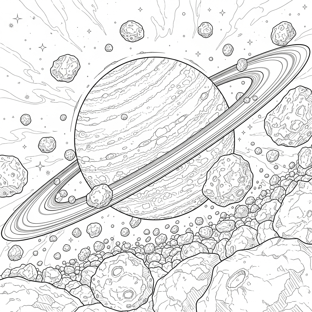 Intricate Ringed Planet and Asteroid Field Coloring Page coloring page