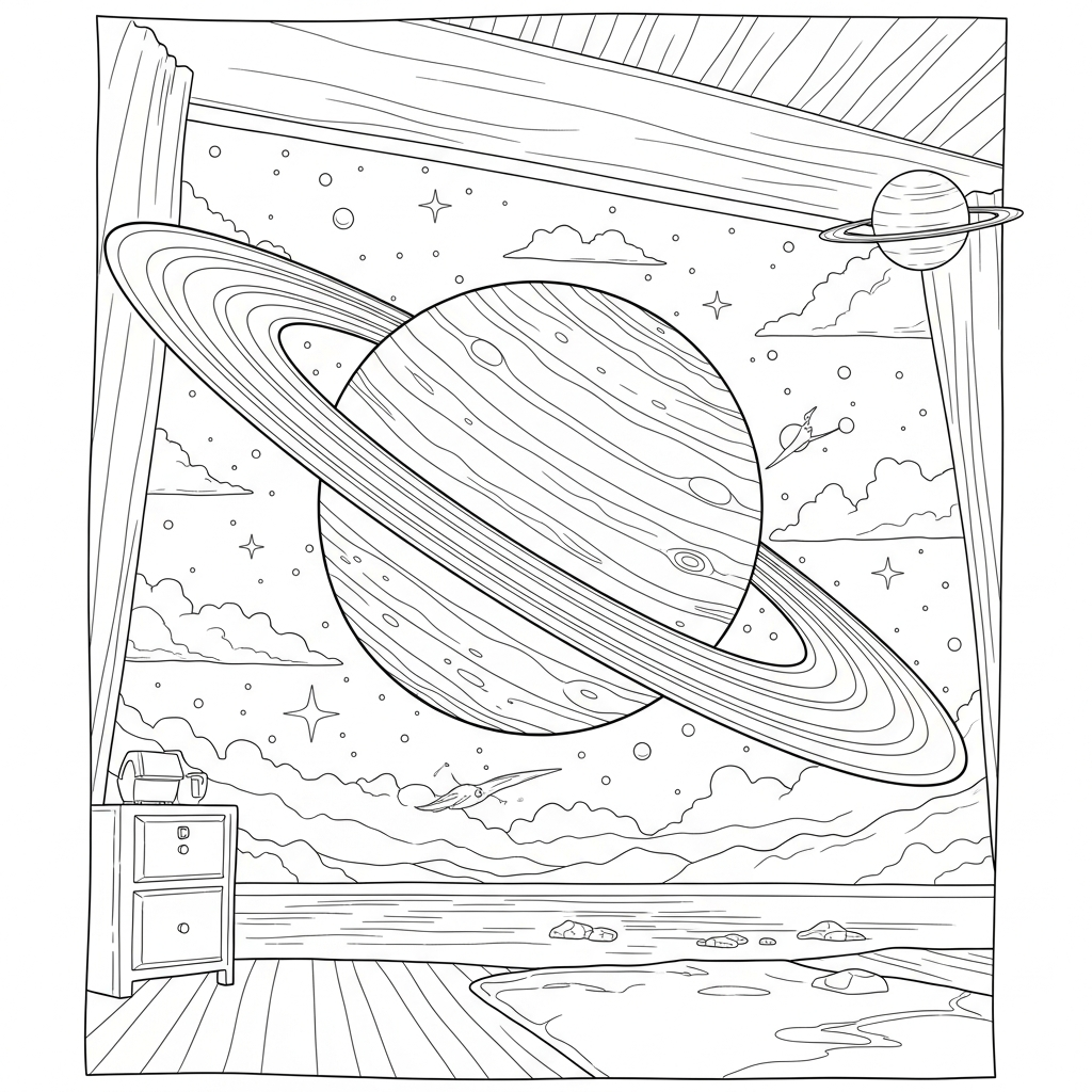 Schwerer Realistischer Ringplanet im Sonnensystem Ausmalbilder coloring page printable