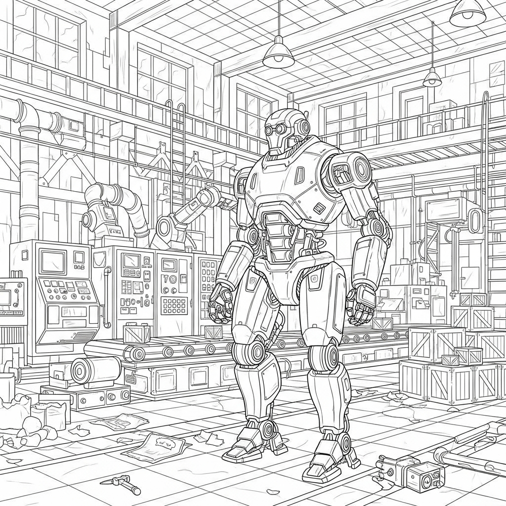 Realistic Robot Coloring Page in a Factory coloring page