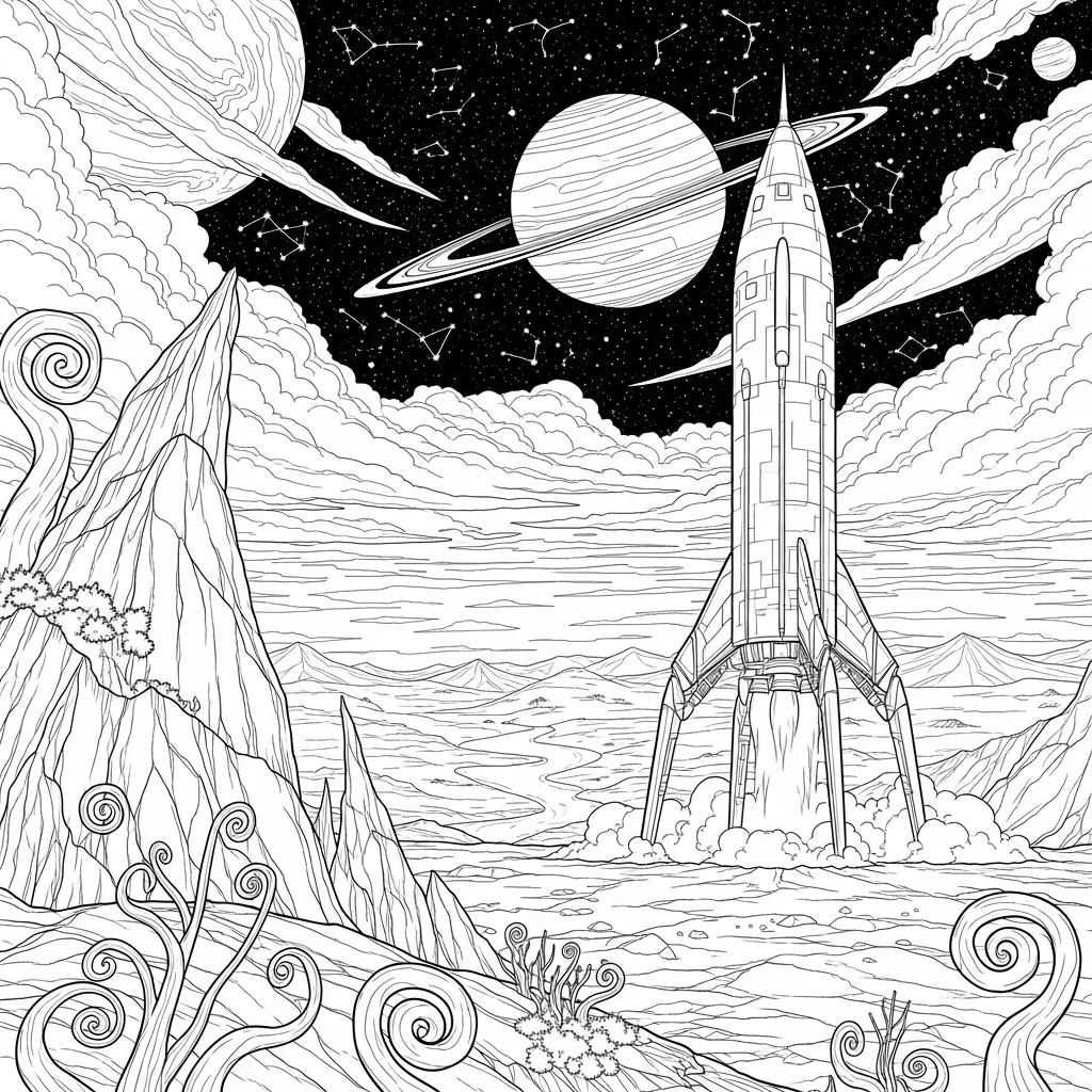 Página para Colorear: Cohete Realista Aterrizando en un Planeta coloring page printable