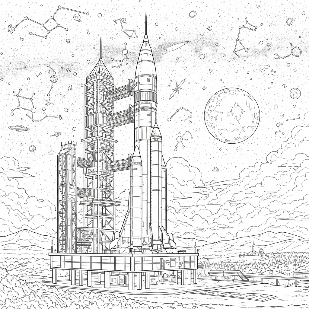 Challenging Rocket Ship Coloring Page Surrounded by Stars coloring page