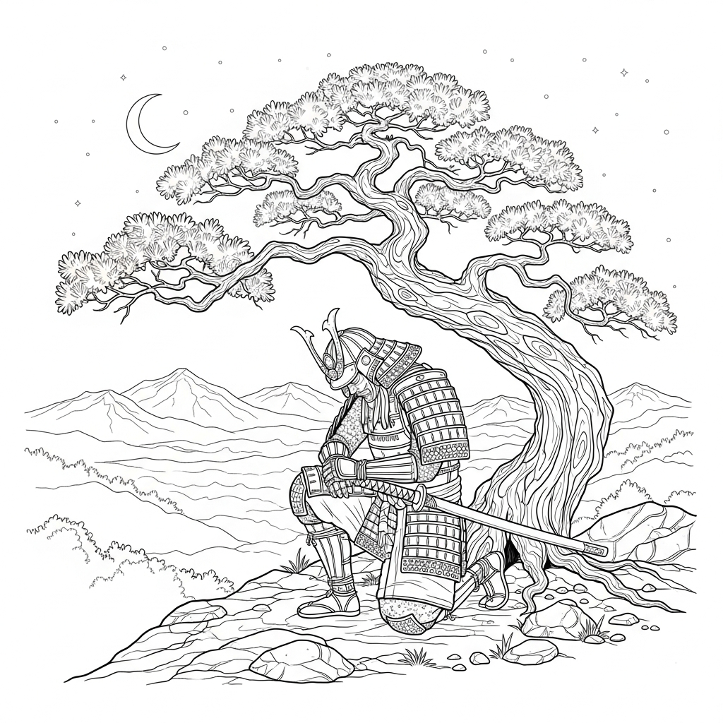 Intricate Samurai Coloring Page: Realistic Kneeling In Armor coloring page