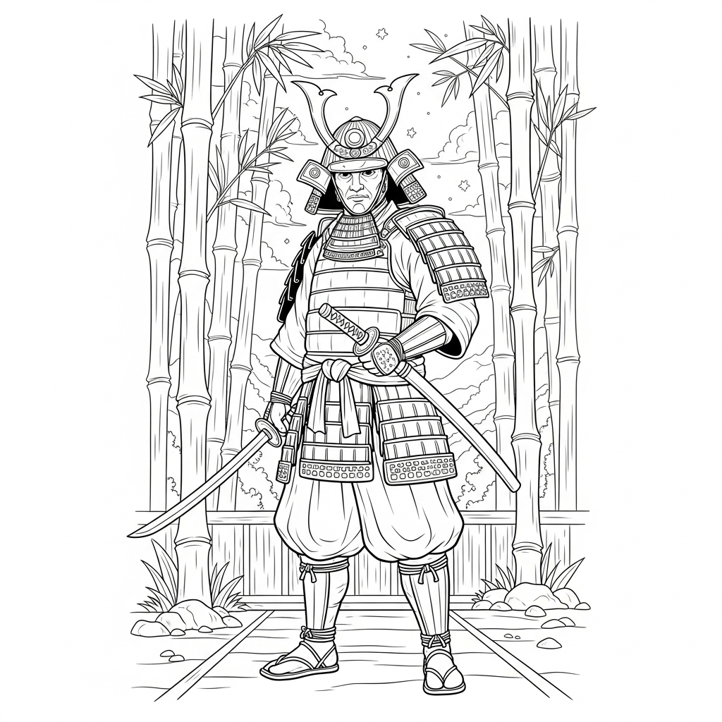 Disegno da Colorare di un Samurai Realistico in una Foresta di Bambù coloring page