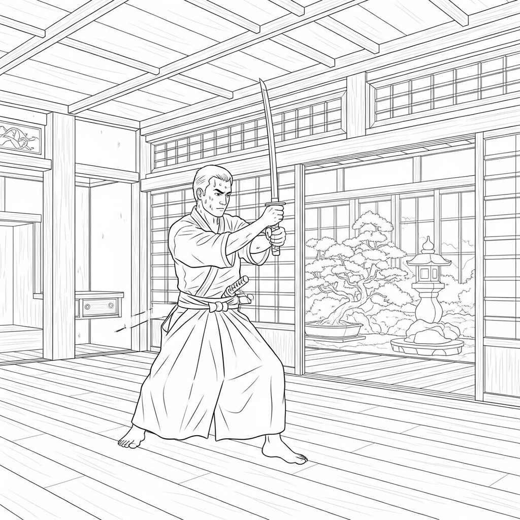 Illustrazione da Colorare: Addestramento di un Samurai nel Dojo con Spada coloring page