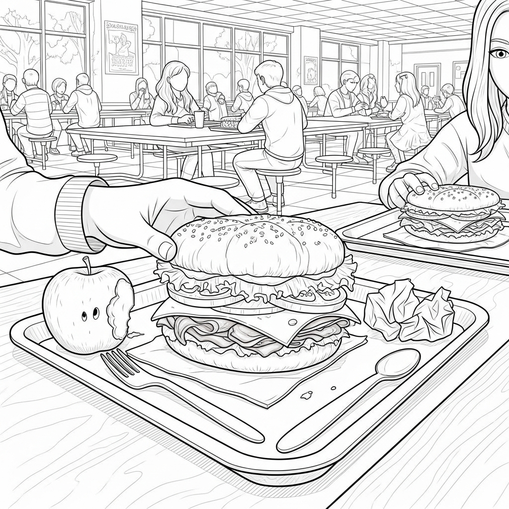 Realistisches Sandwich im Schulcafeteria Malvorlage coloring page printable