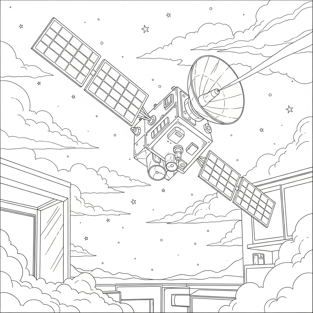 Challenging Realistic Satellite Coloring Page Set Against a Night Sky coloring page