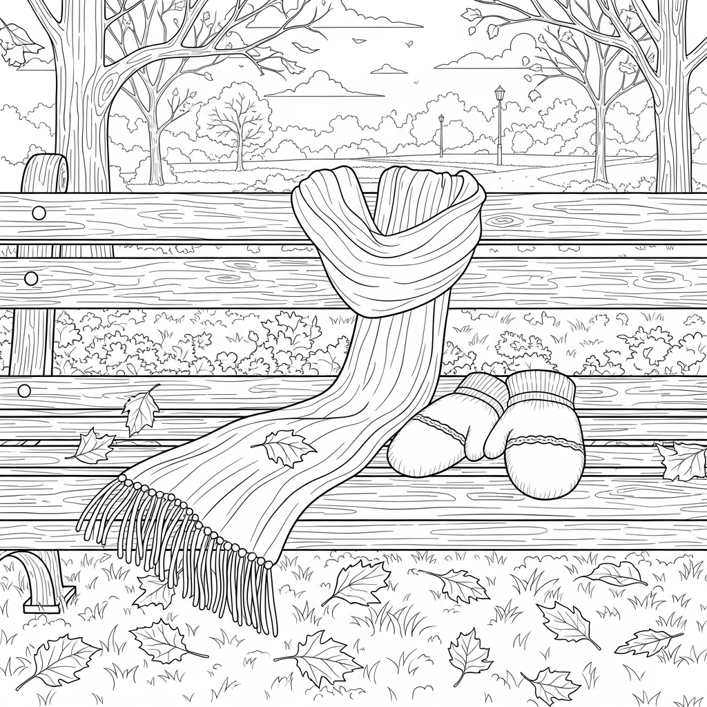 Realistic Scarf and Mittens Coloring Page - Wooden Bench Design coloring page