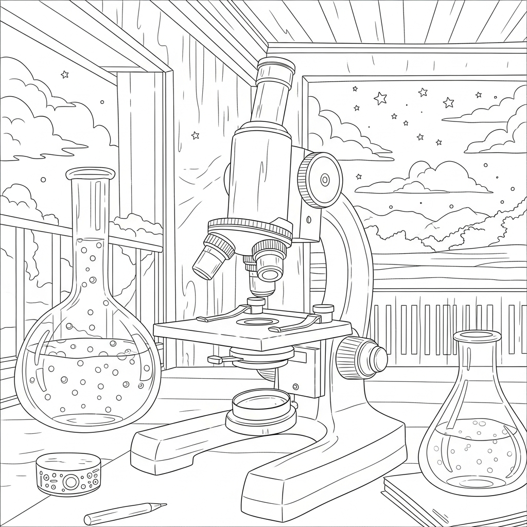 Schwierige realistische wissenschaftliche Experimentierseite mit Mikroskop zum Ausmalen coloring page printable
