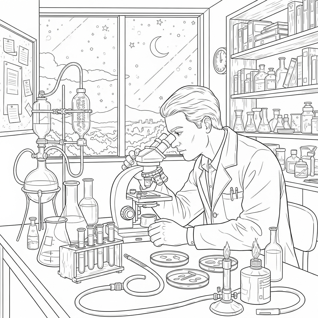 Schwerer realistischer Wissenschaftler am Labortisch mit Mikroskop Ausmalbild coloring page printable