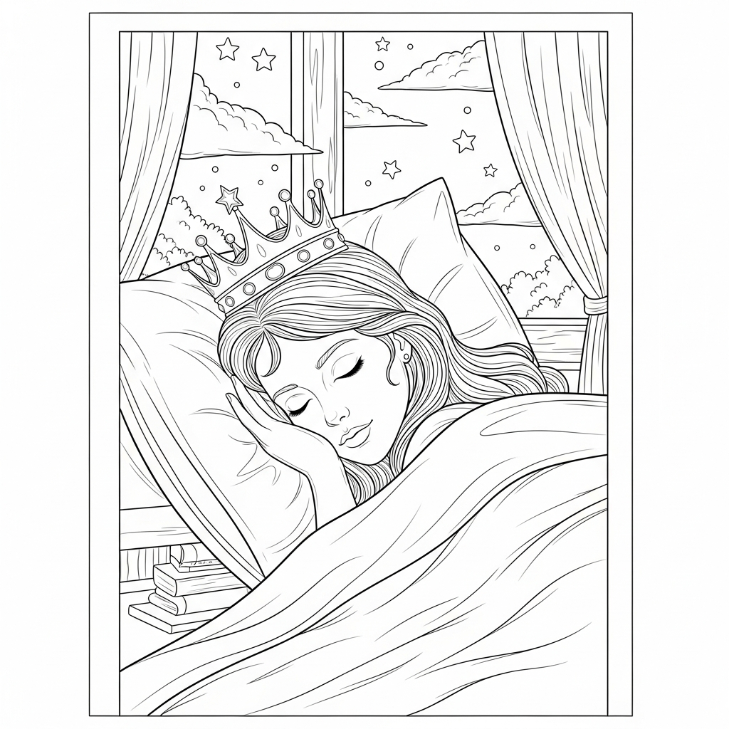 Moeilijke Realistische Kleurpagina: Slapende Prinses met Kroon en Dekt coloring page