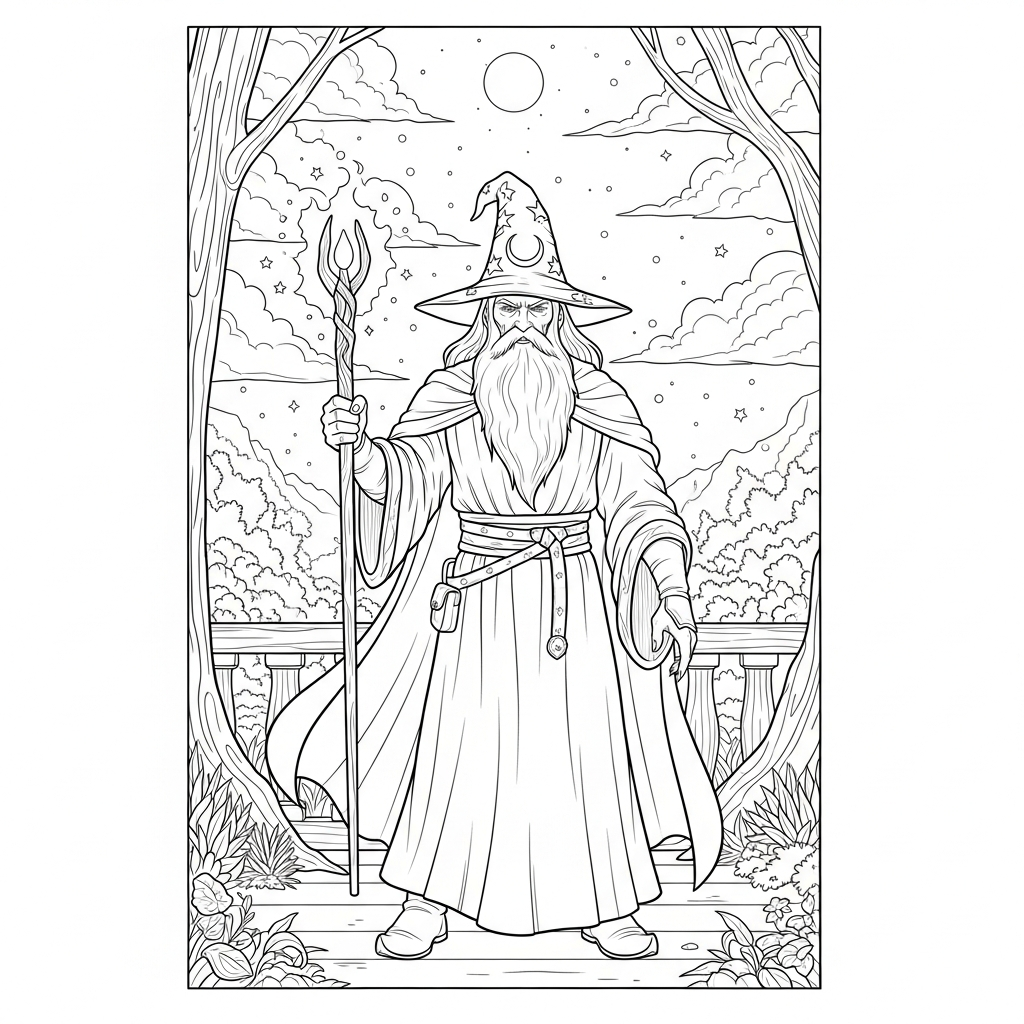 Challenging Realistic Sorcerer with Glowing Staff in Enchanted Forest Coloring Page coloring page