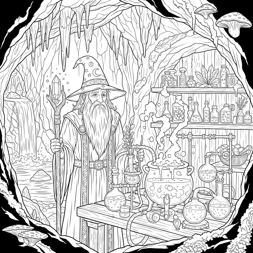 Stregone Realistico Difficile Accanto a un Laboratorio di Pozioni Spumeggianti - Pagina da Colorare coloring page
