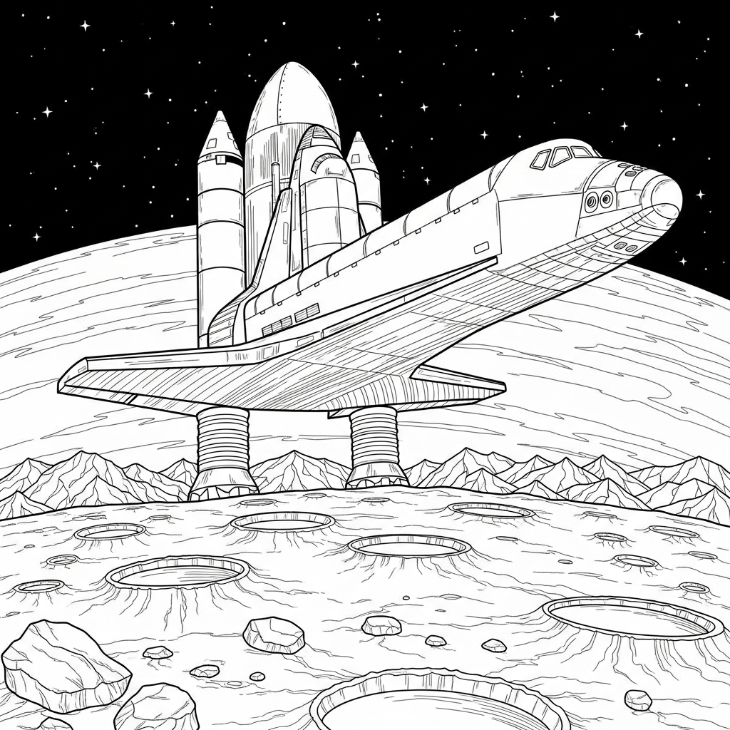 Challenging Realistic Space Shuttle Coloring Page Over the Moon coloring page