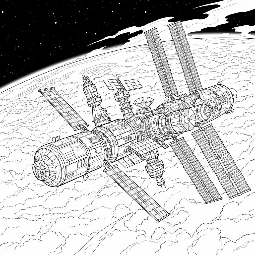 Página para Colorear de una Estación Espacial Realista sobre Nubes de la Tierra coloring page printable