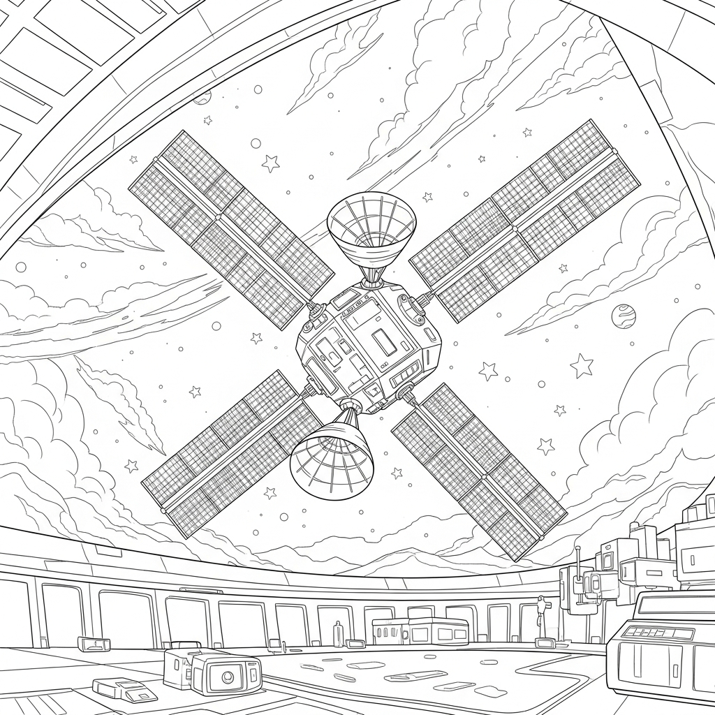Challenging Realistic Space Station with Satellite Array Coloring Page coloring page