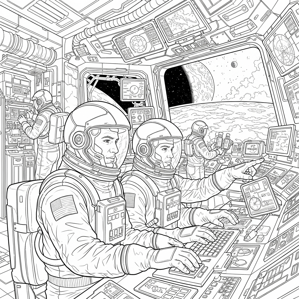 Challenging Realistic Spaceship Crew Mission Coloring Page coloring page
