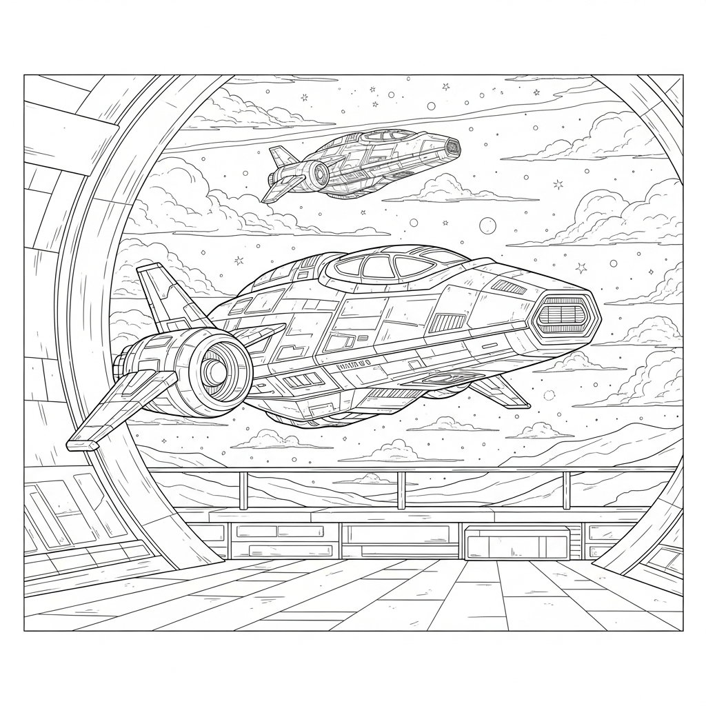 Coloriage Vaisseau Spatial Réaliste Explorant un Monde Alien coloring page