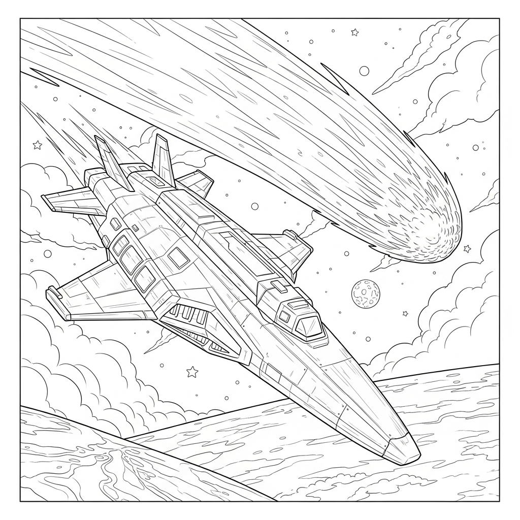 Moeilijke Realistische Ruimteschip Voorbij Een Comet Kleurplaat coloring page