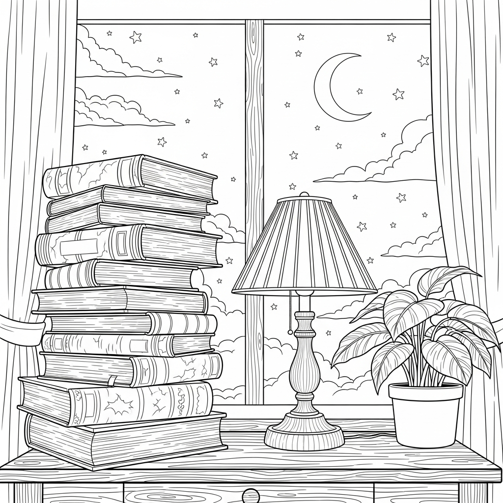 Página para Colorear: Montón de Libros Realista Junto a una Lámpara coloring page printable