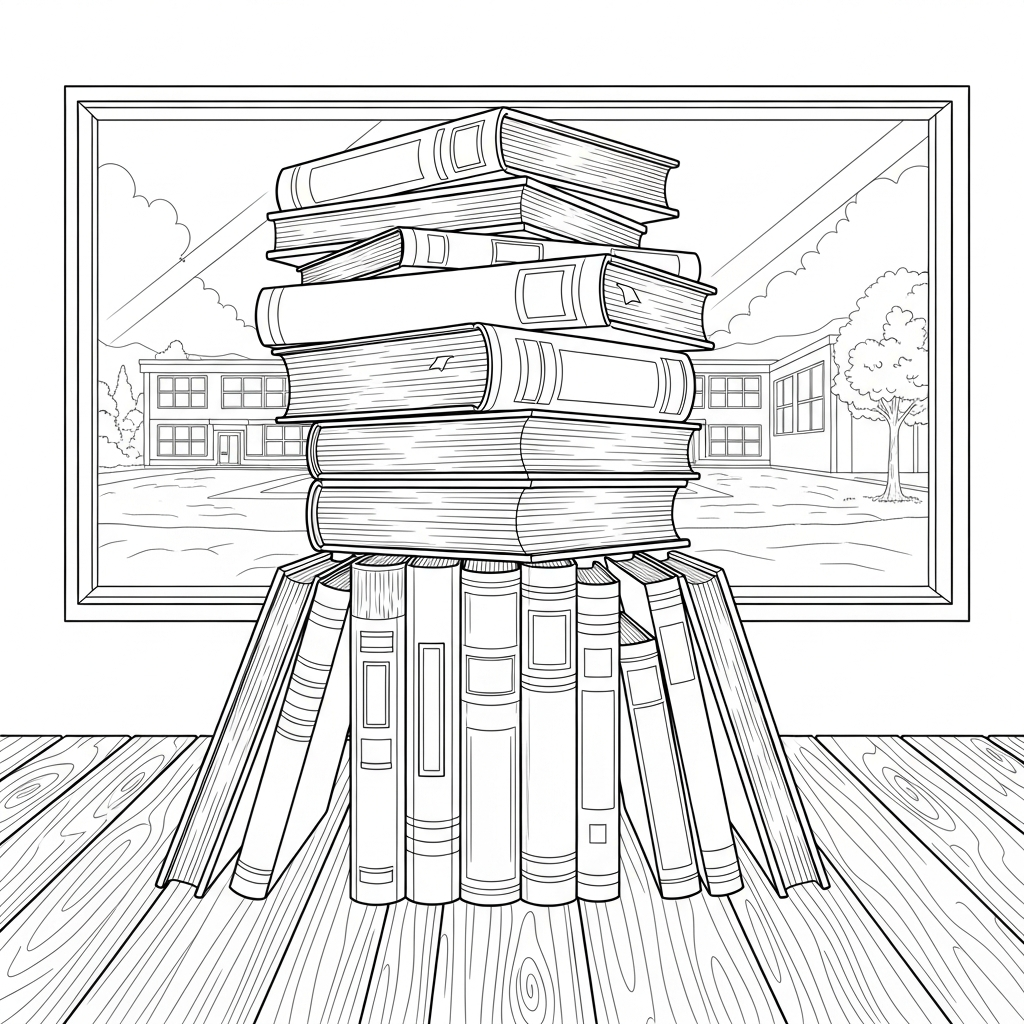 Página para Colorear: Montón Realista de Libros sobre Mesa de Aula coloring page printable