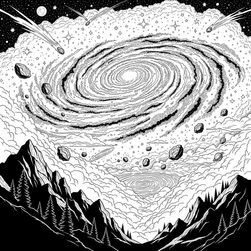 Challenging Realistic Galaxy Coloring Page with Stars coloring page printable