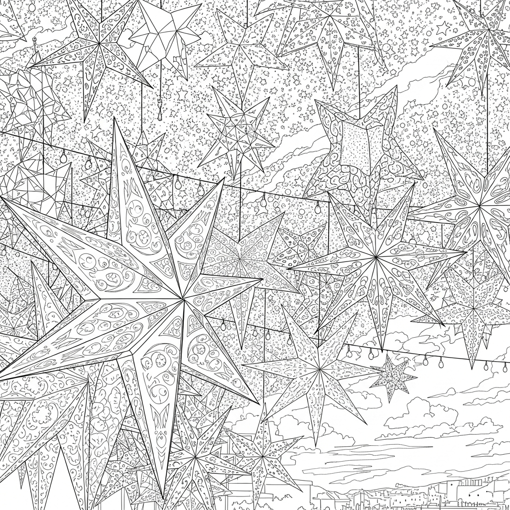 Page de coloriage difficile de lanternes étoilées au festival coloring page printable