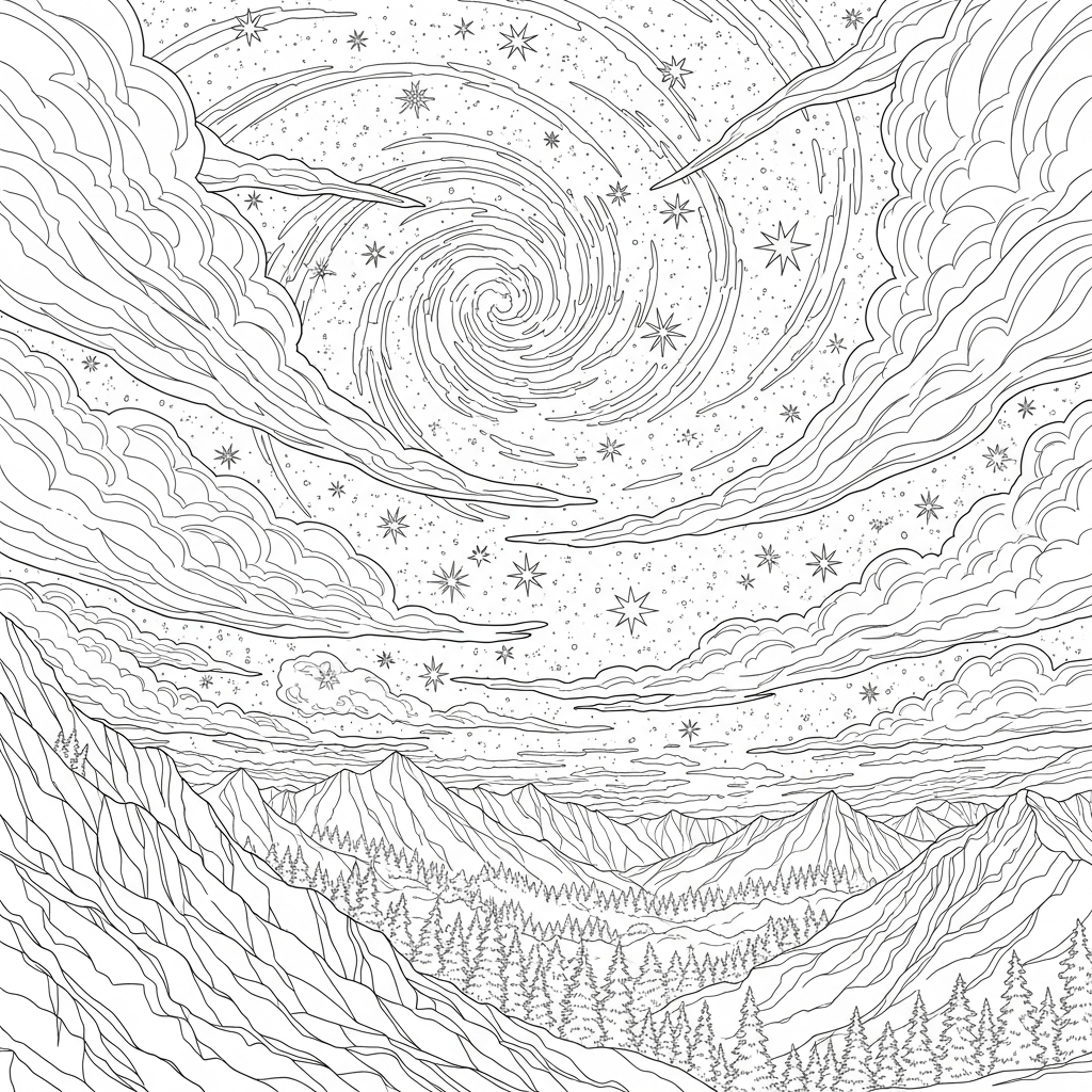 Challenging Realistic Stars and Clouds Coloring Page coloring page printable