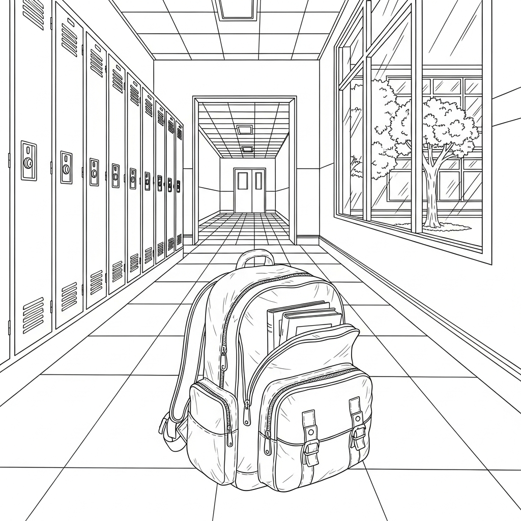 Realistic Student Backpack Coloring Page in School Hallway coloring page printable